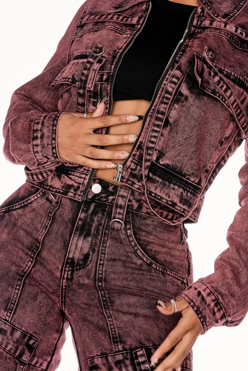 Monaco Cargo Utility Denim Jacket - Red
