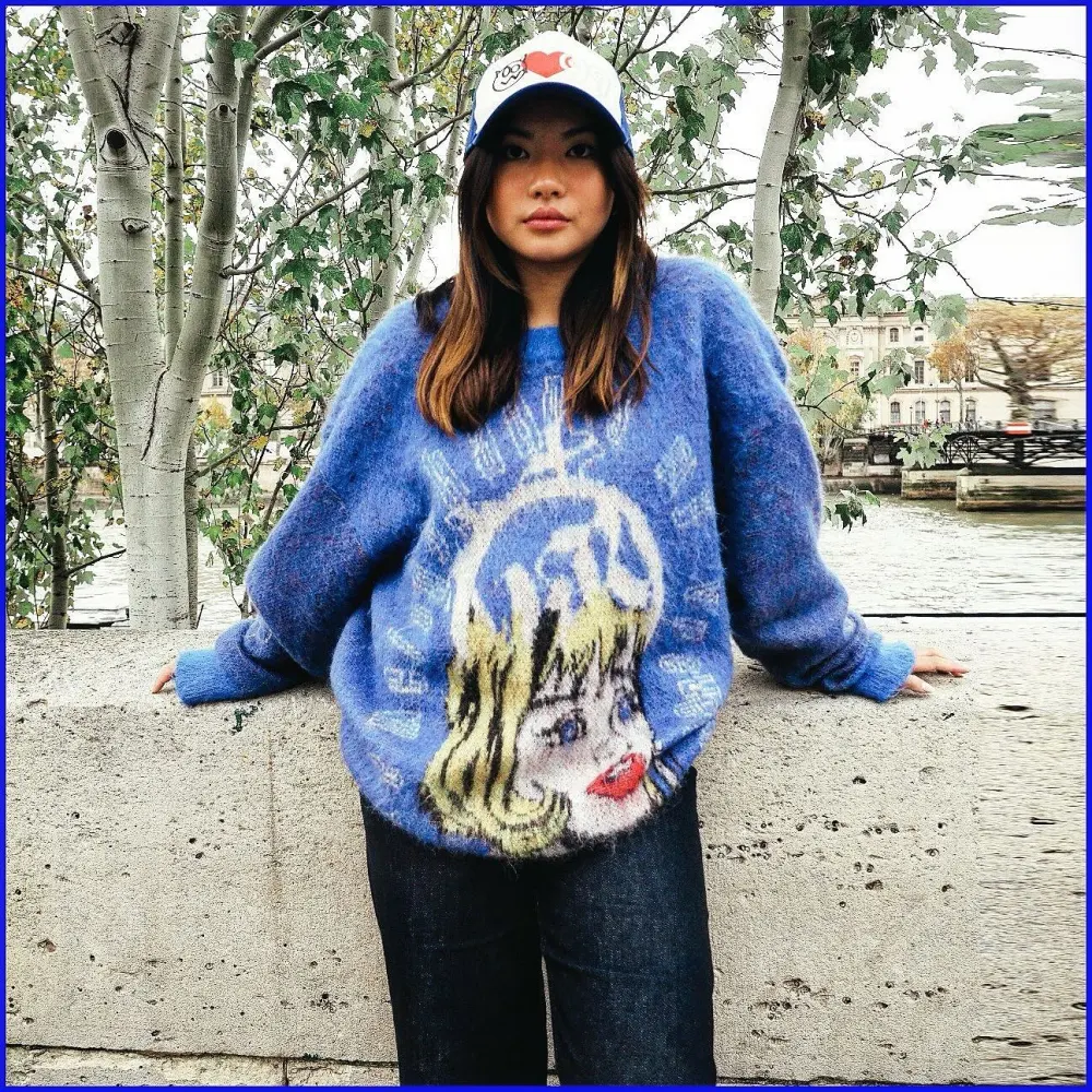 Navy Sweater Renaissance Street Wear Fashion Printing Seasonal Trend Special Design