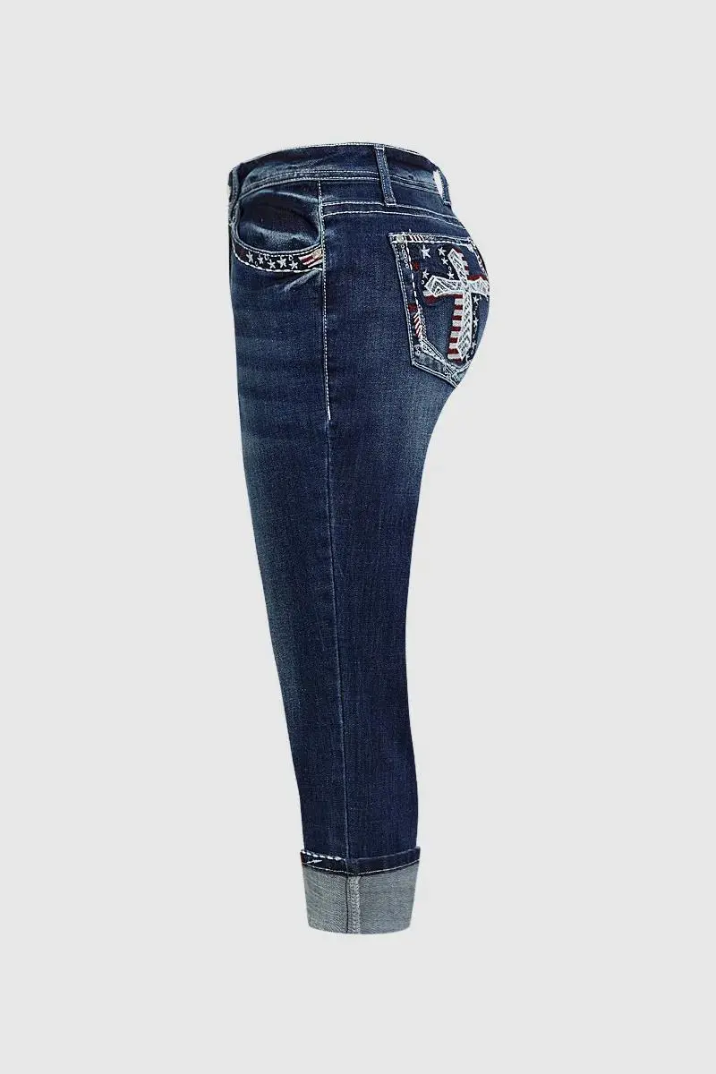 Cross Embroidered Wash High Stretch Mid Rise Capri Jeans