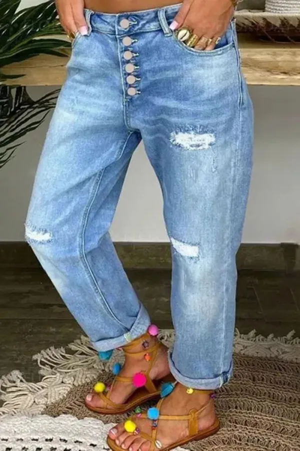 Wash Ripped Button Fly Low Waist Straight Leg Jeans