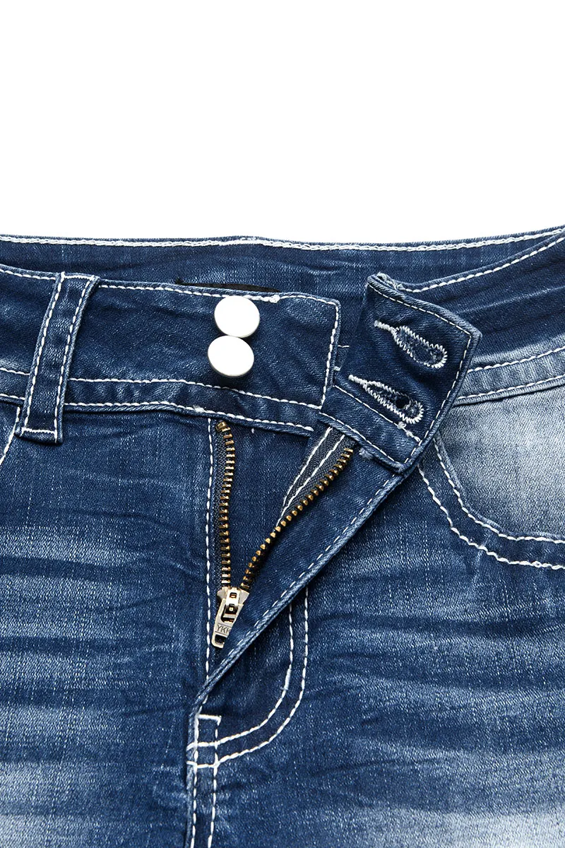 Embroidery Flap Detail Raw Hem Mid Rise Denim Shorts