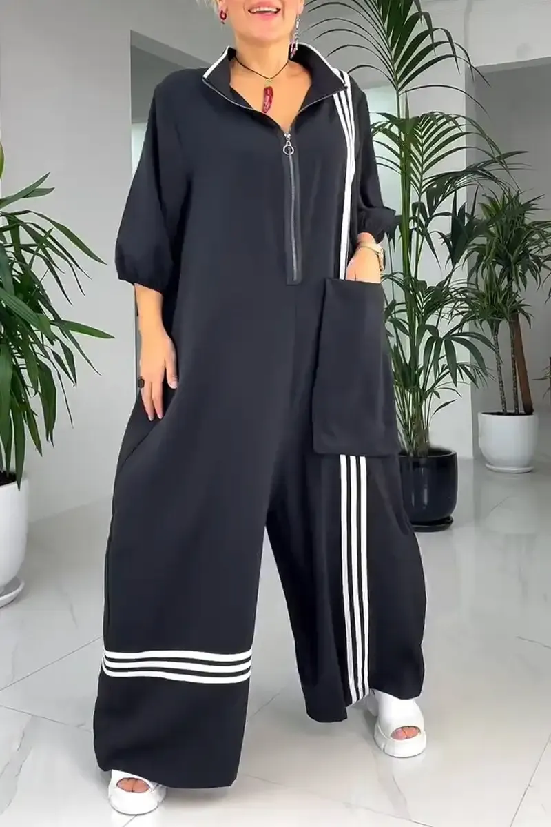Women's Lapel Mid-Sleeve Striped Casual Jumpsuit