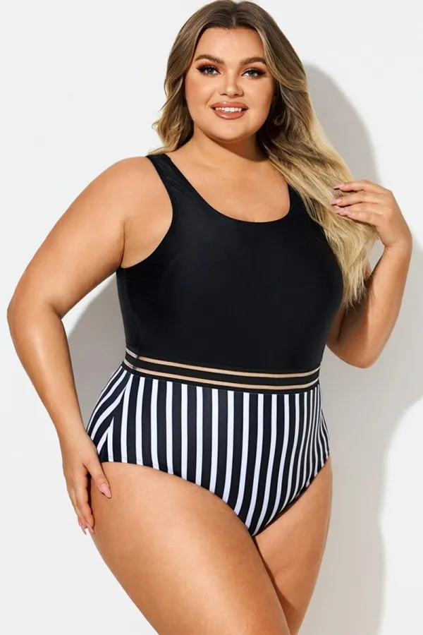 Black & White Round Neck Striped Mesh One Piece Swimsuit