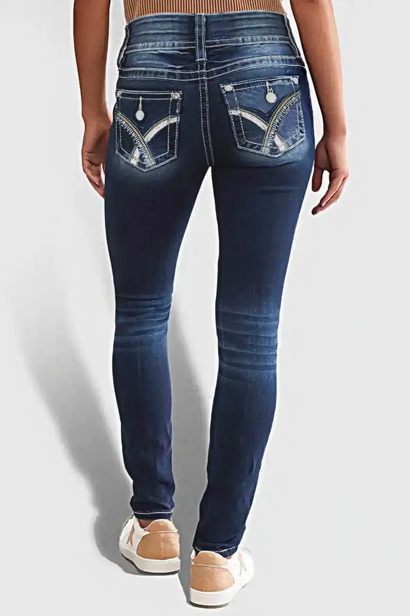 Double Button Wash High Stretch Mid Waist Skinny Jeans