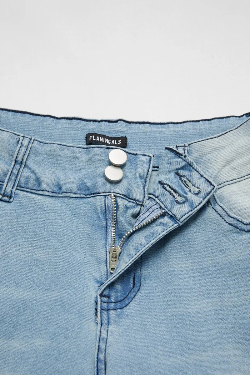 Double Button Roll Hem Low Waist Jeans