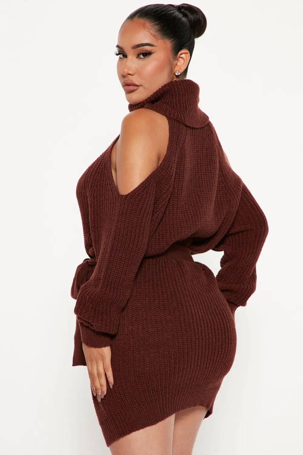 Giving Cold Shoulder Sweater Dress - Brown
