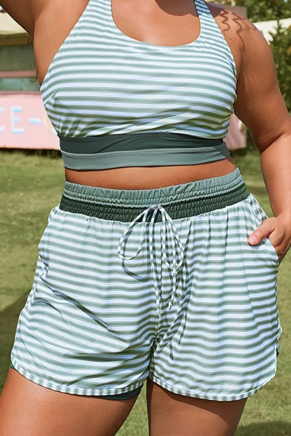 Plus Size Green Striped Mid Waist Women Shorts