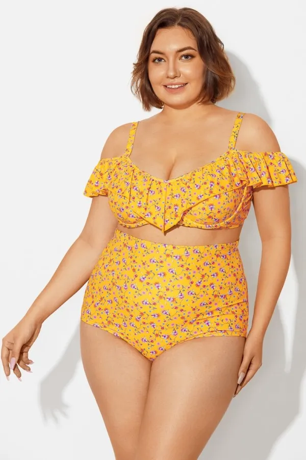 Yellow Floral Ruffled Underwire Women Bikini Top