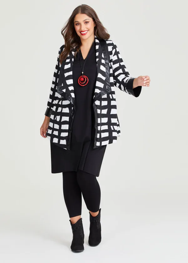 Faux Leather Trim Cube Knit Jacket