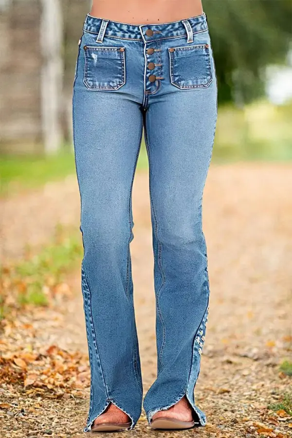 Wash Floral Embroidered Split Hem Mid Rise Bootcut Jeans Without Belt