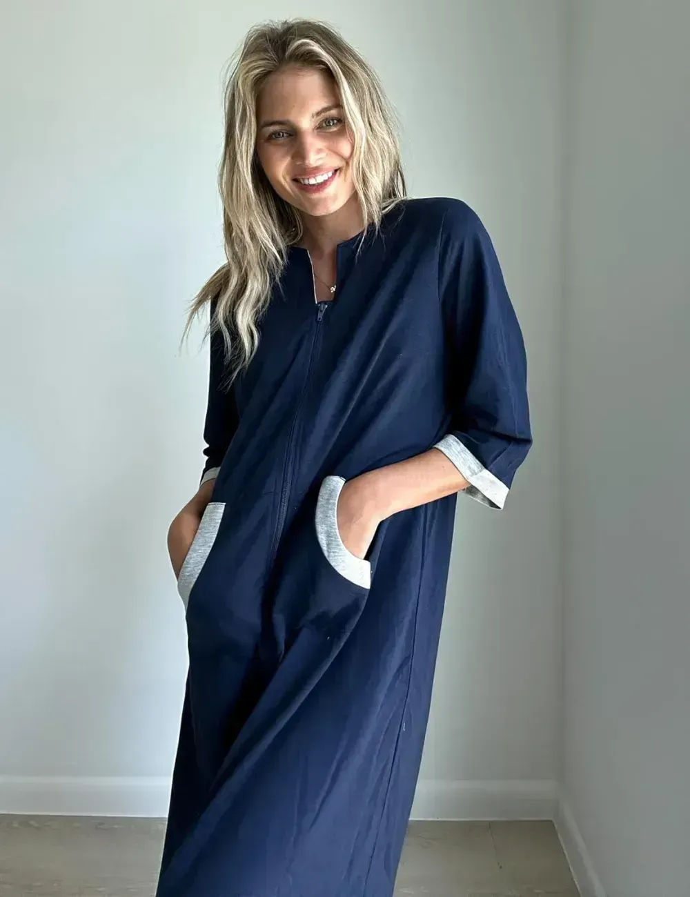 Women Zipper Robe 3/4 Sleeves Loungewear Dress Full Length Sleepwear Pockets Housecoat Nightgown Long Bathrobe