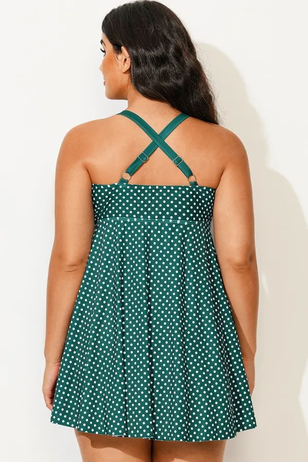 Plus Size Polka Dot Bowknot Detail Ruched Swim Dress