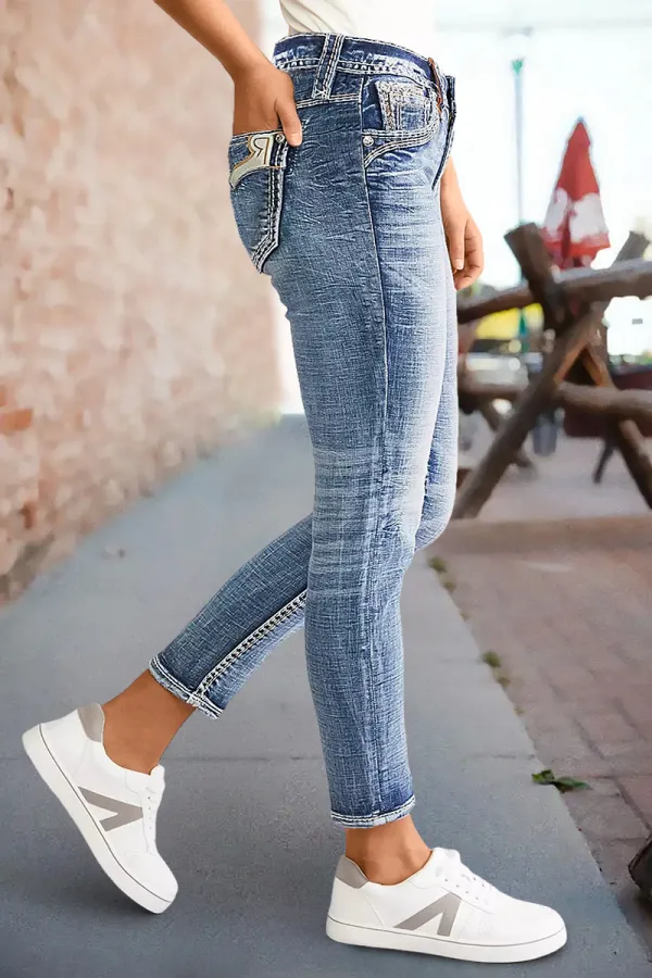 Wash Stitch Detail Mid Rise Crop Skinny Jeans