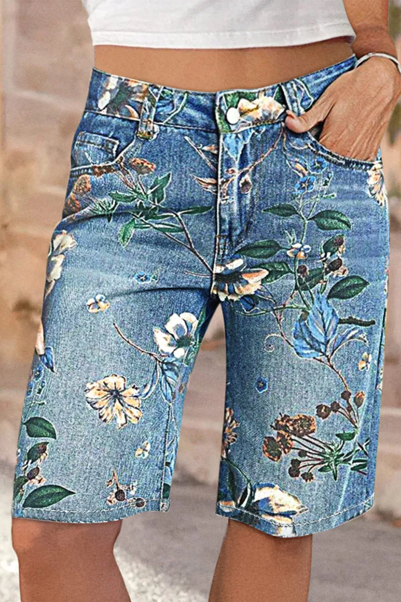 Floral Print High Rise Straight Leg Denim Bermuda Shorts