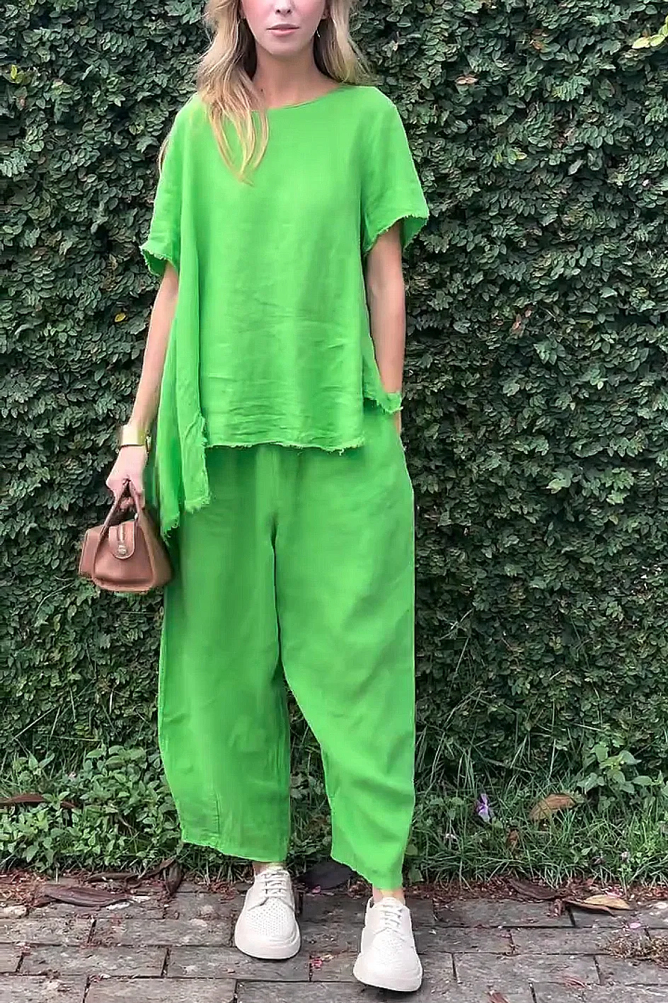 Women'S Solid Color Cotton And Linen Casual Top And Pants Two-Piece Set