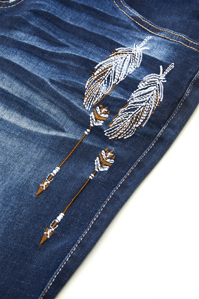 Feather Embroidery Split Hem Mid Waist Bootcut Jeans