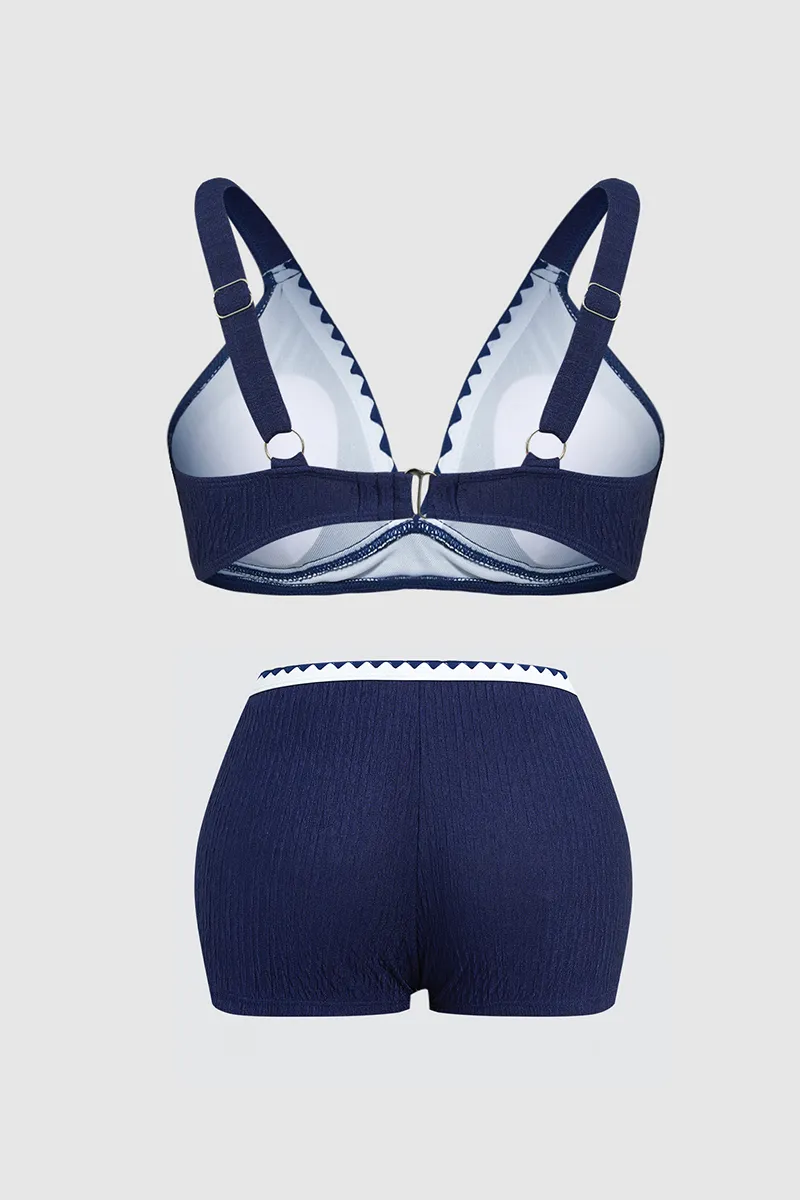 Contrast Binding Textured Bikini Set