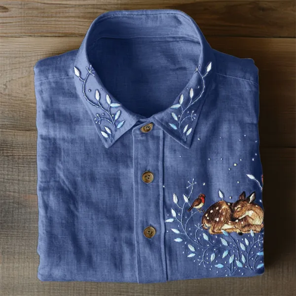 Sleeping Deer Forest Embroidered Linen Blend Blouse
