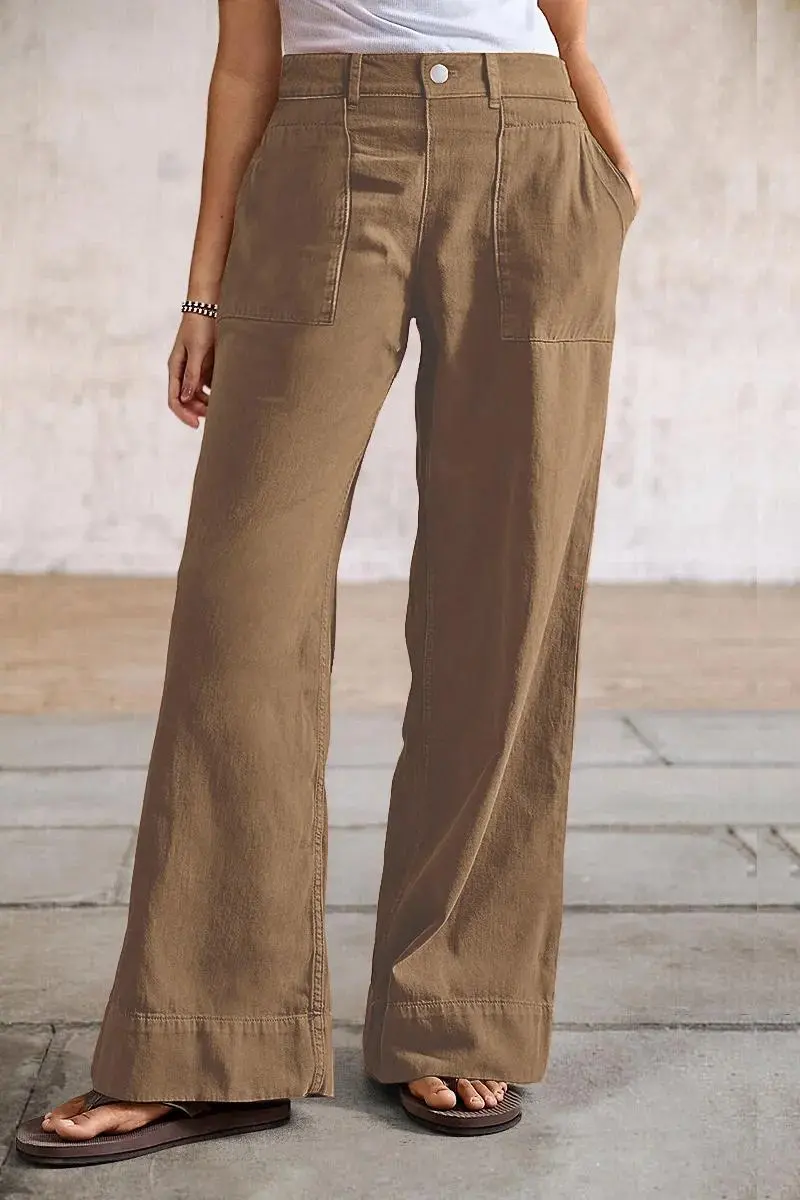 Solid Stitch Detail Mid Waist Straight Leg Pants