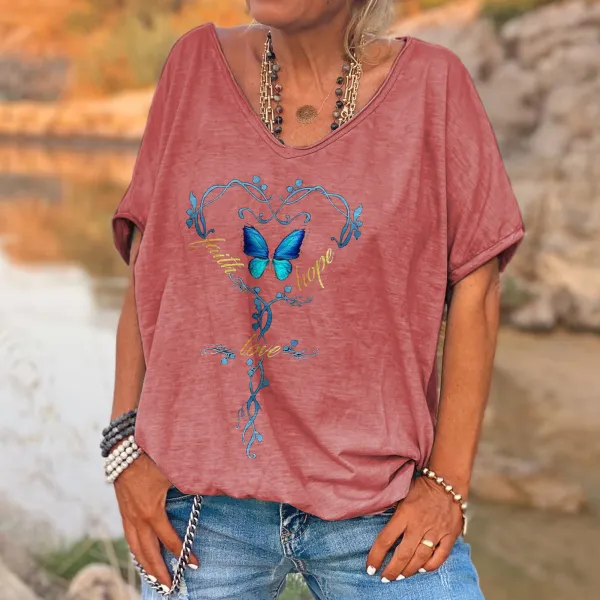 Faith Hope Love Printed Dreamy Blue Butterfly Patterns Tees