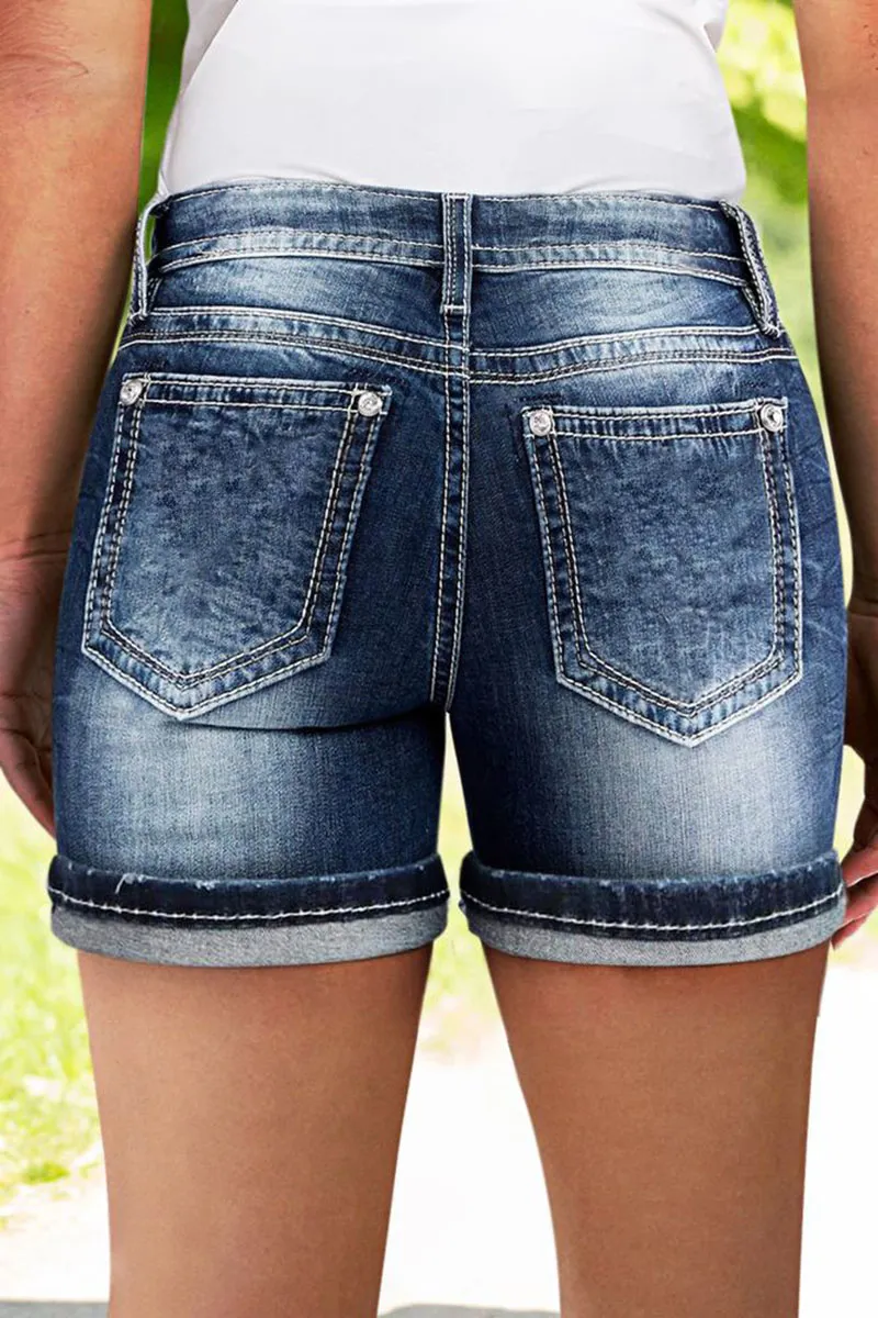 Wash Ripped Roll Hem Mid Rise Denim Shorts