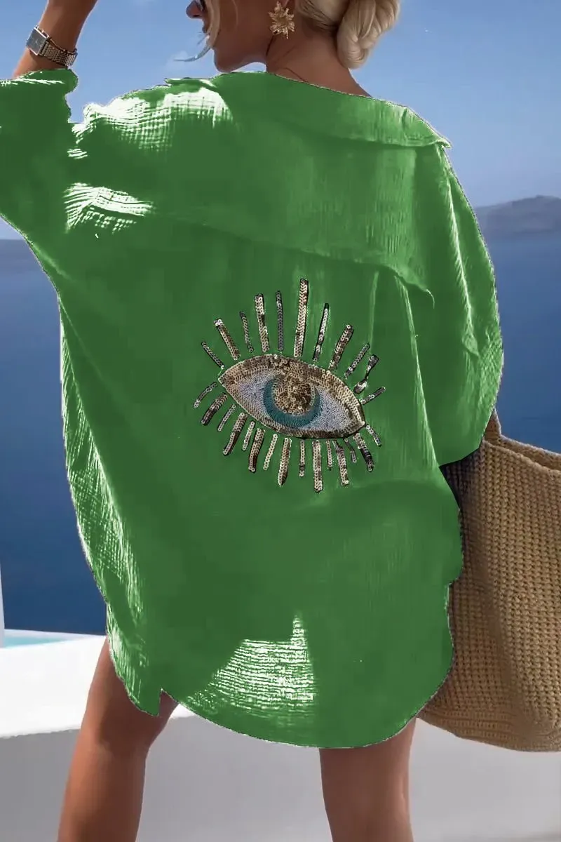 Women Summer casual eye Top sequin beaded shirt