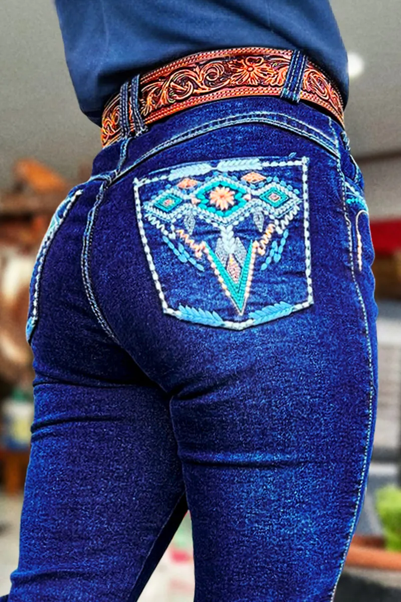 Wash Geo Embroidery Mid Rise Bootcut Jeans Without Belt