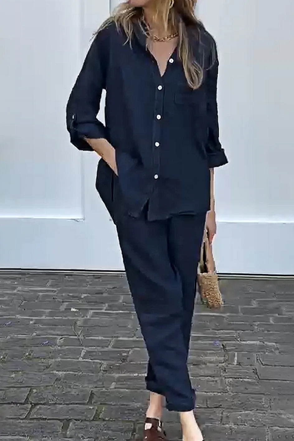 Women'S Casual Cotton And Linen Top And Pants Two-Piece Set