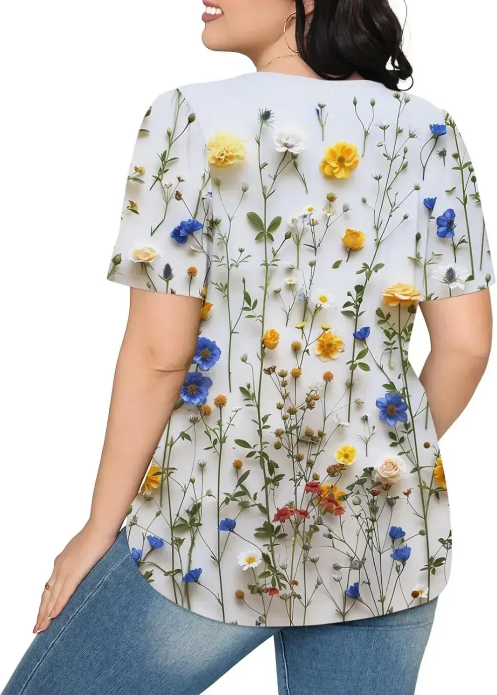Womens Summer Pleated Front Shirts Tunics Casual Short Sleeved Loose Round Neck Boho Printed Tops Vacation Blouse