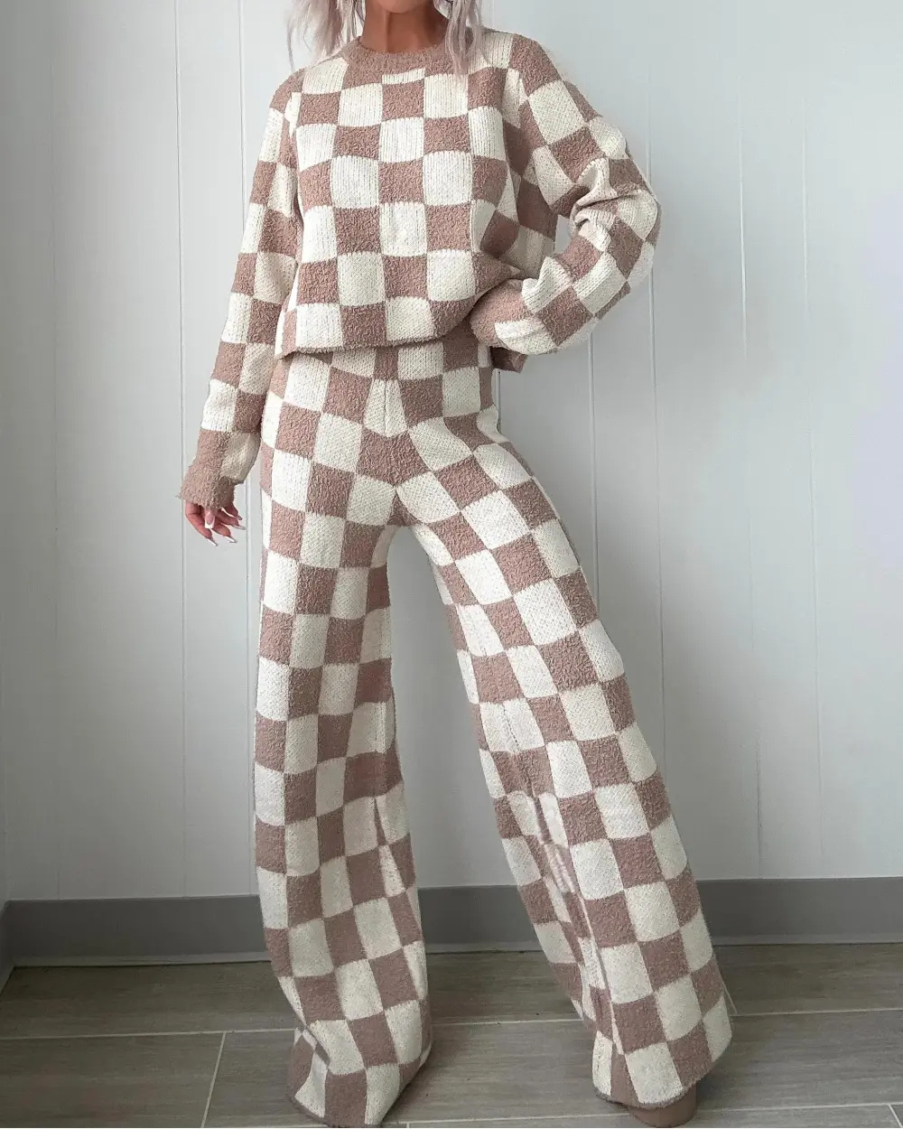 Sands Checkered Sweater Set - Beige/Ivory