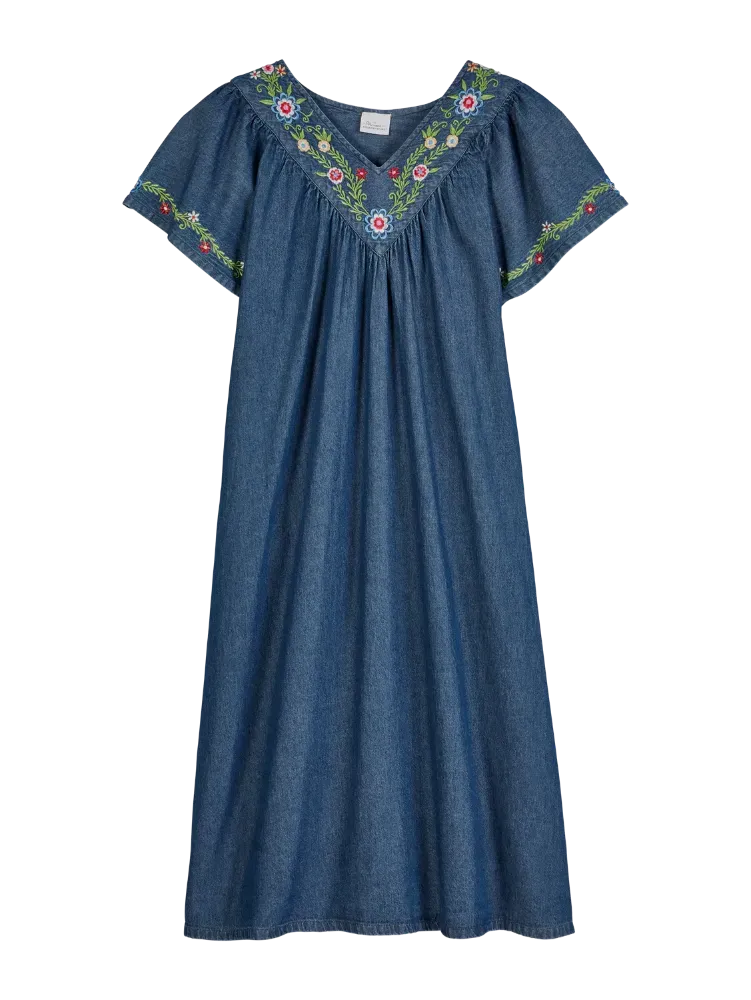 Embroidered Cotton Denim Muumuu With Flutter Sleeves
