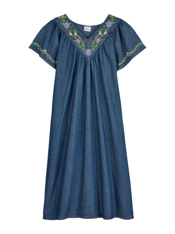 Embroidered Cotton Denim Muumuu With Flutter Sleeves