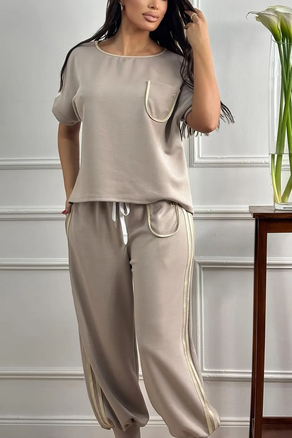 Women'S Contrasting Casual Top And Pants Two-Piece Set