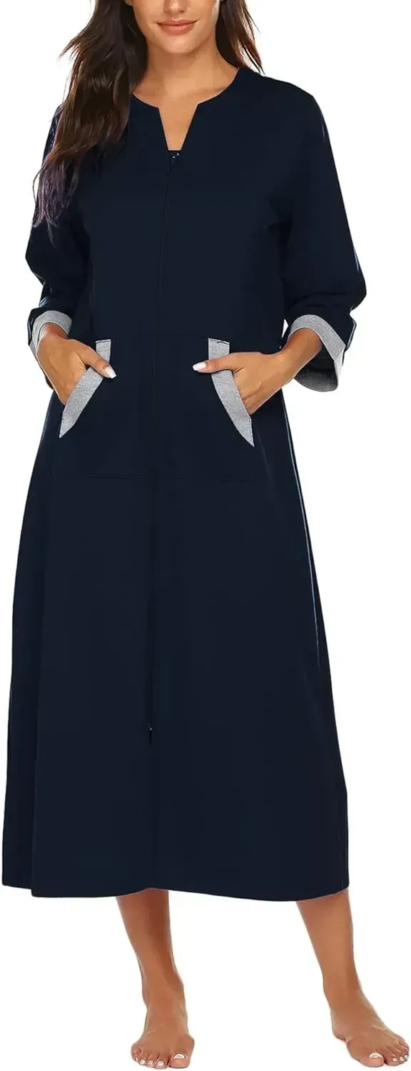 Women Zipper Robe 3/4 Sleeves Loungewear Dress Full Length Sleepwear Pockets Housecoat Nightgown Long Bathrobe
