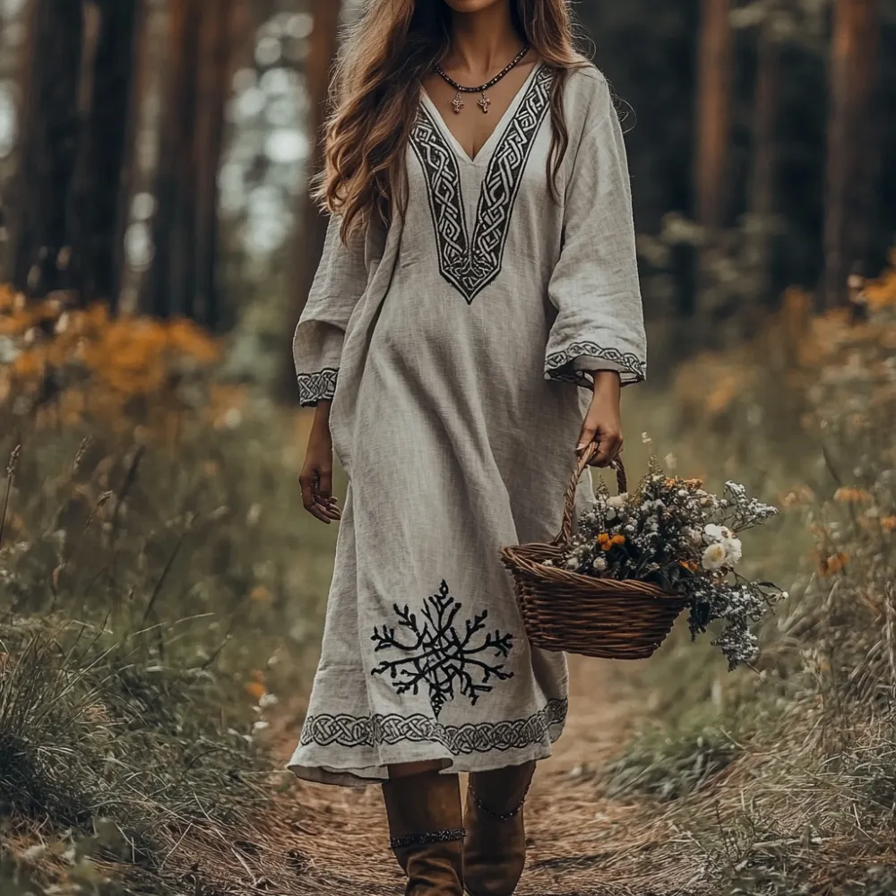 Vintage Viking Celtic Knot Cotton Linen Mixi Dress