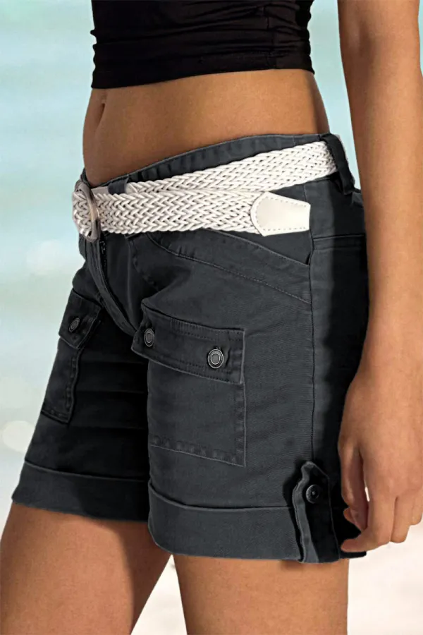 Flap Pocket Roll Tab Hem Low Waist Mid Thigh Shorts Without Belt
