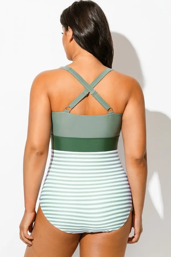 Green Striped Twist Front Skinny One Piece Swimsuit