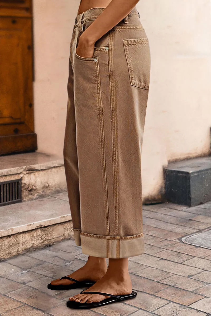 Seam Side Layered Pocket Roll Hem Mid Rise Wide Leg Pants