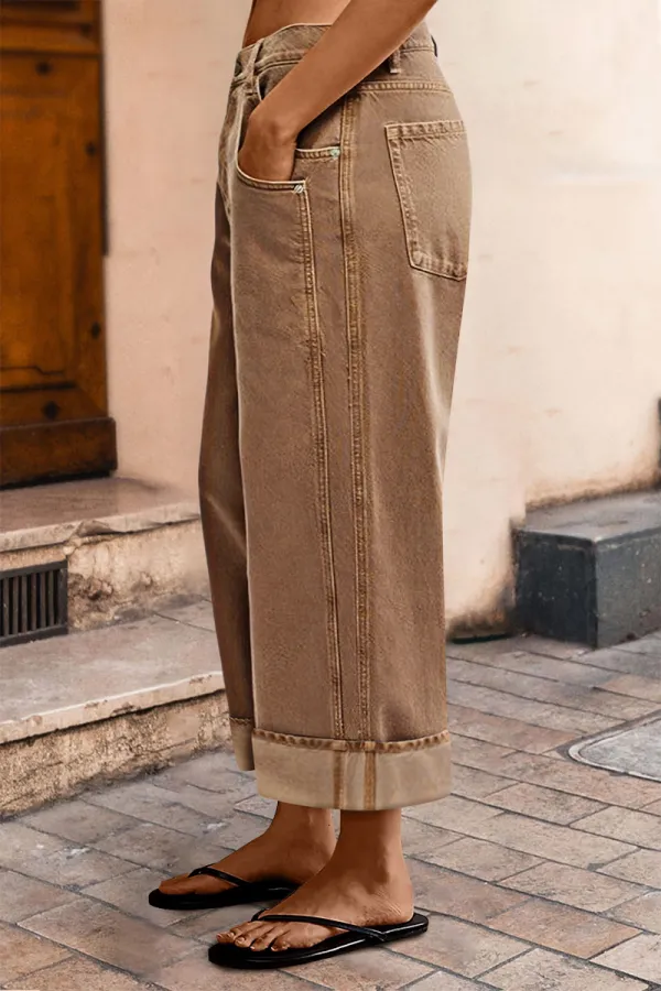 Seam Side Layered Pocket Roll Hem Mid Rise Wide Leg Pants