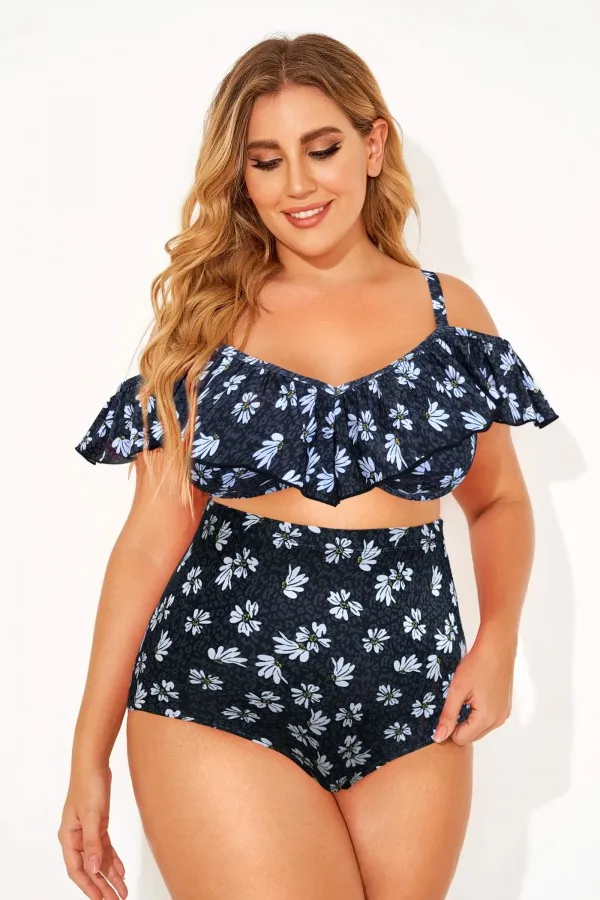 Black Floral Ruffled Underwire Women Bikini Top