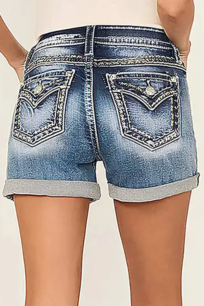 Roll Hem Double Button Mid Rise Denim Shorts