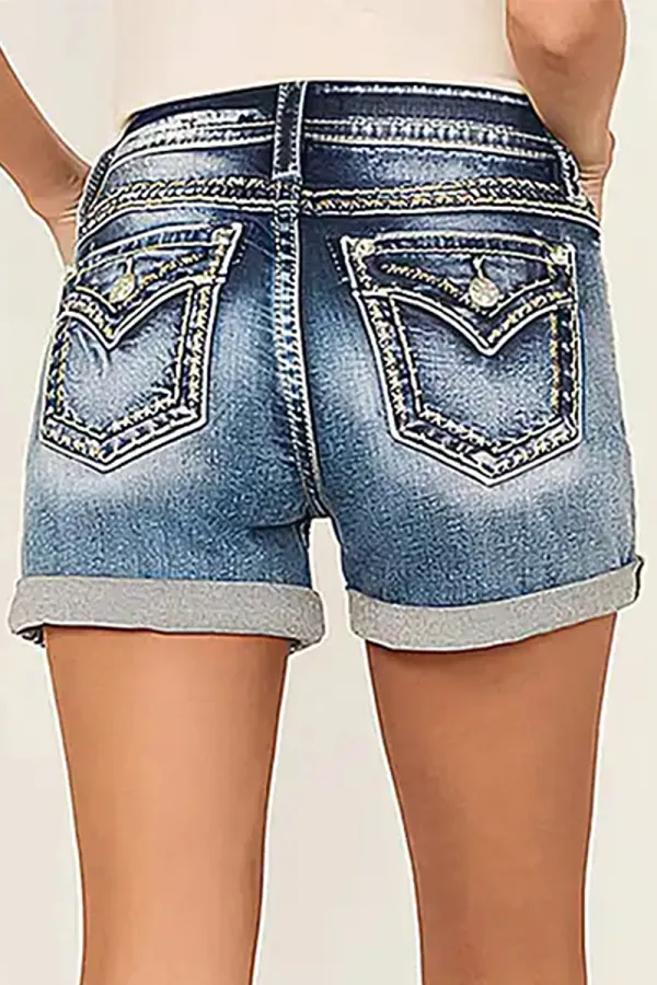 Roll Hem Double Button Mid Rise Denim Shorts
