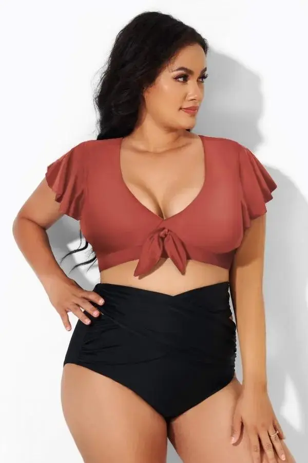White Flutter-Sleeve Tie Detail Bikini Top