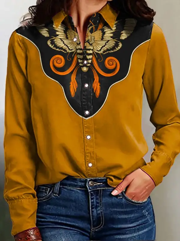 Women's Vintage Western Art Print Casual Linen Blouse
