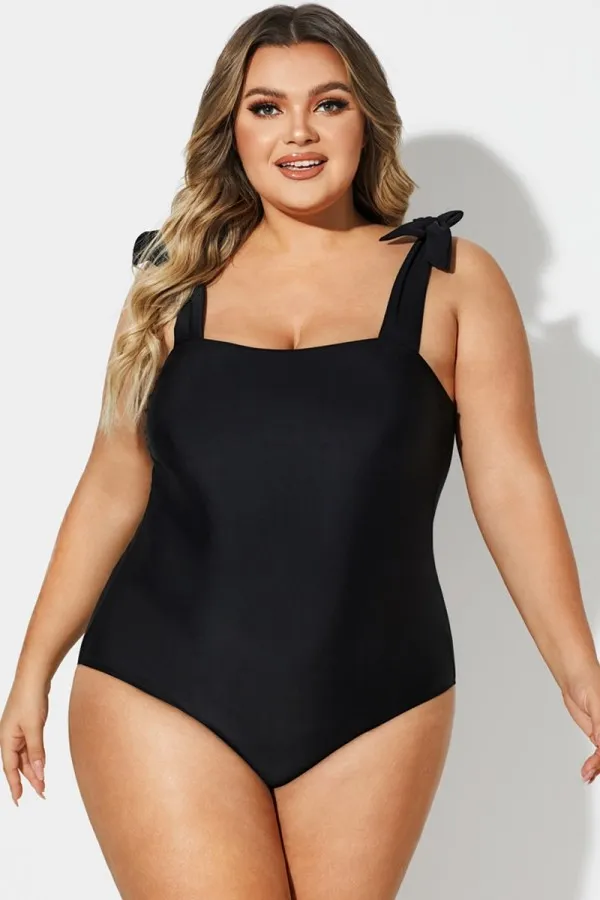 Black Square Adjustable Tie One Piece Swimsuit