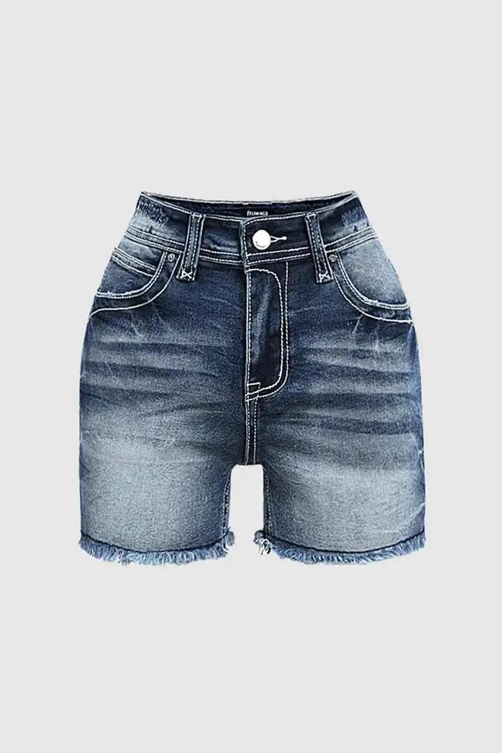 Wash Raw Hem Flap Pocket Mid Rise Denim Shorts