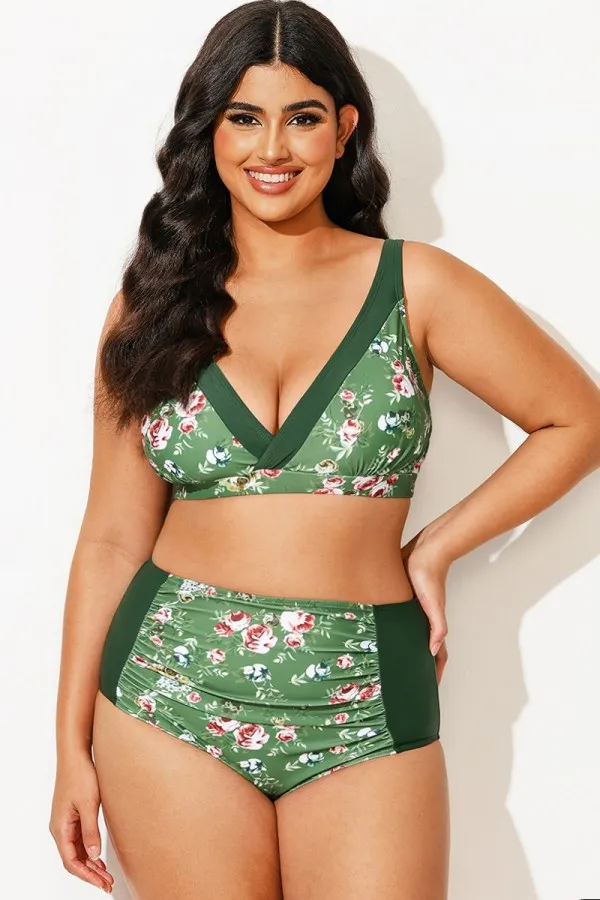 Army Green Flower Printed Women V-neck Fashionable Bikini Top