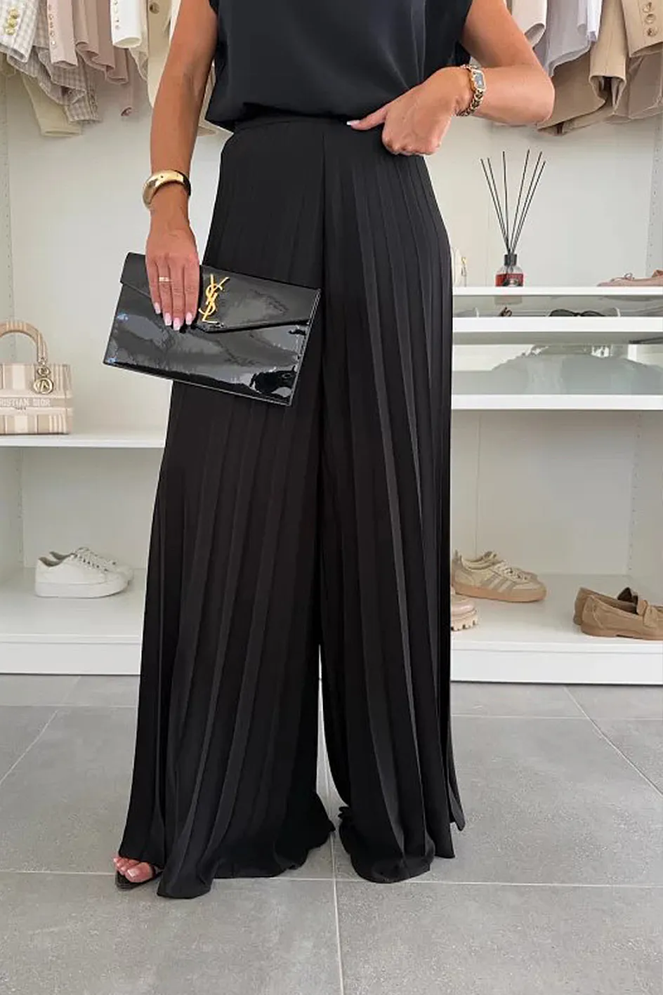 Women'S Stylish Casual Comfortable Top And Pleated Wide Pants Two-Piece Set