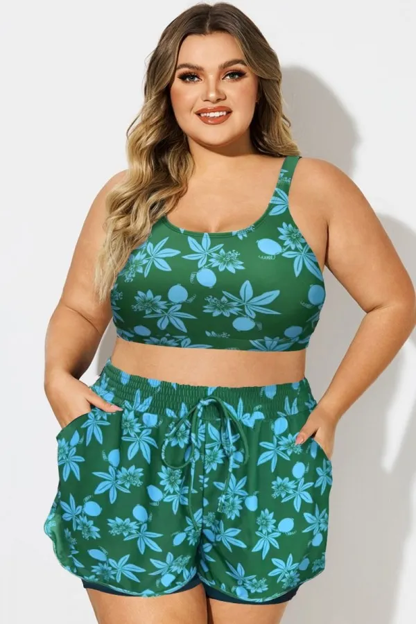 Plus Size Round Neck Black Patchwork Bikini Top
