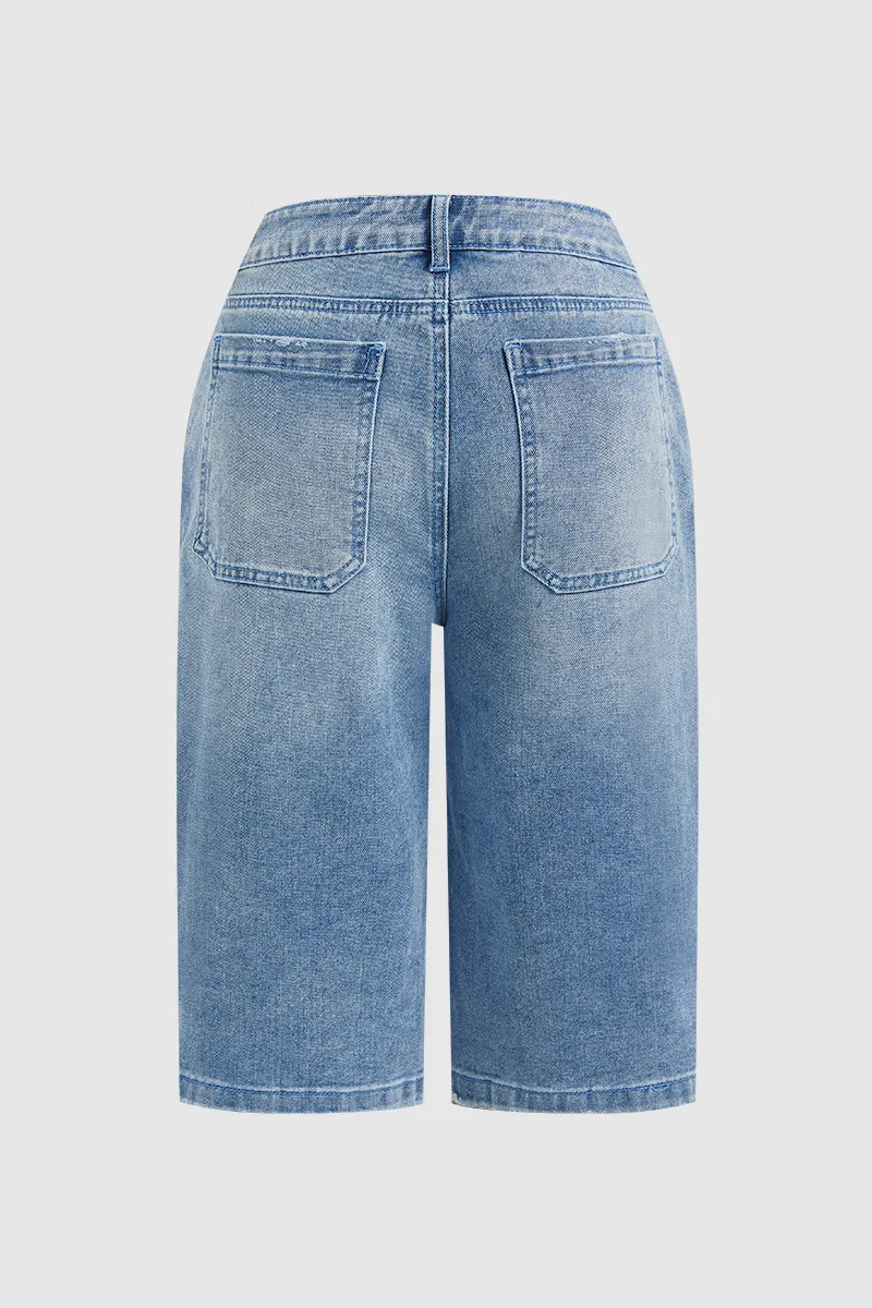 Ripped Mid Waist Straight Leg Capri Jeans